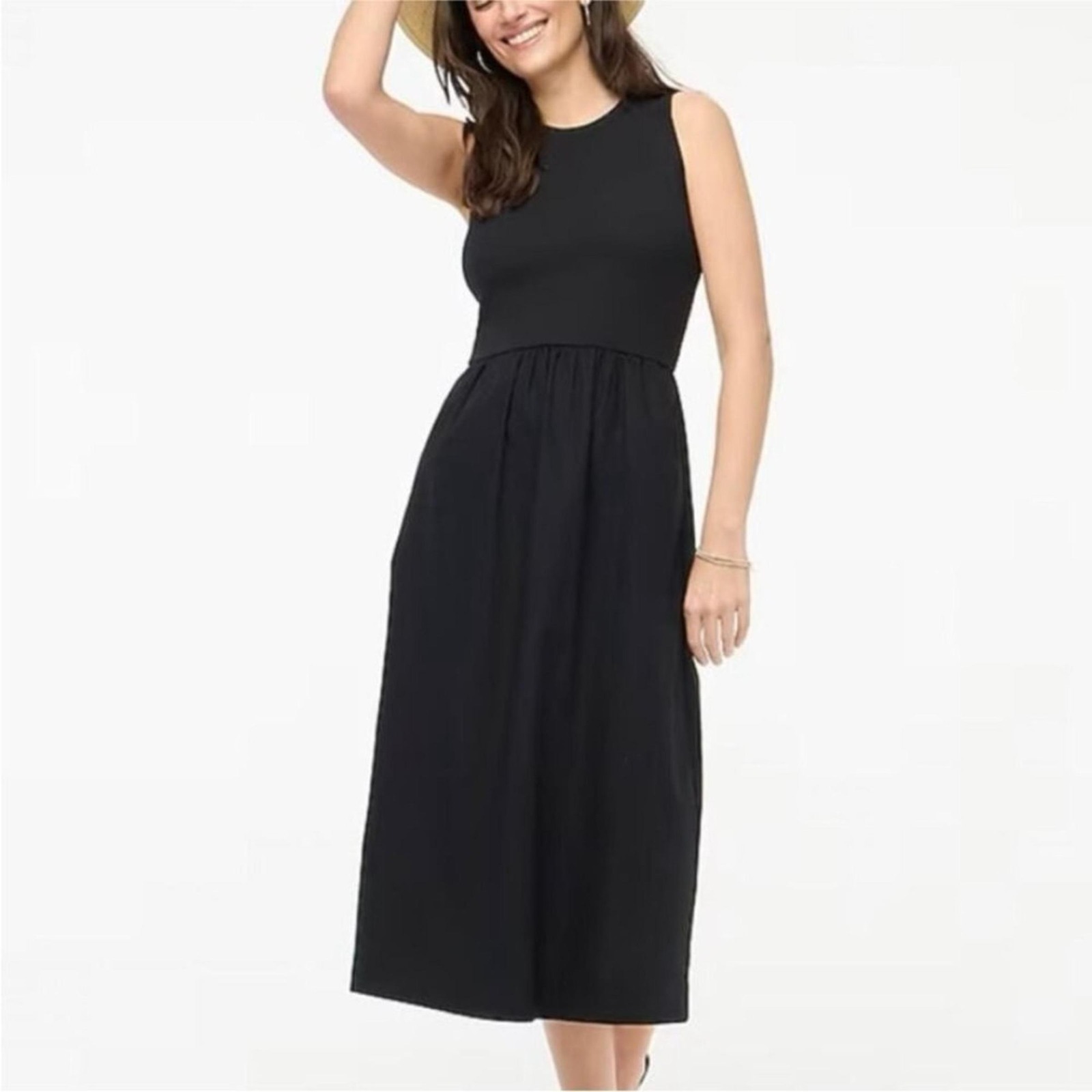 J.Crew Midi Dress Women Xs Black Mixed Media Ribbed Tank Woven Skirt Sleeveless